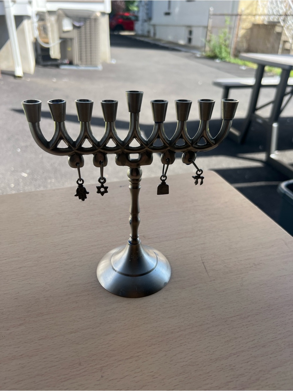 Pewter Finish 7.75" Chanukah Menorah Interlocking Swirl Charm Accents Hamsa Star